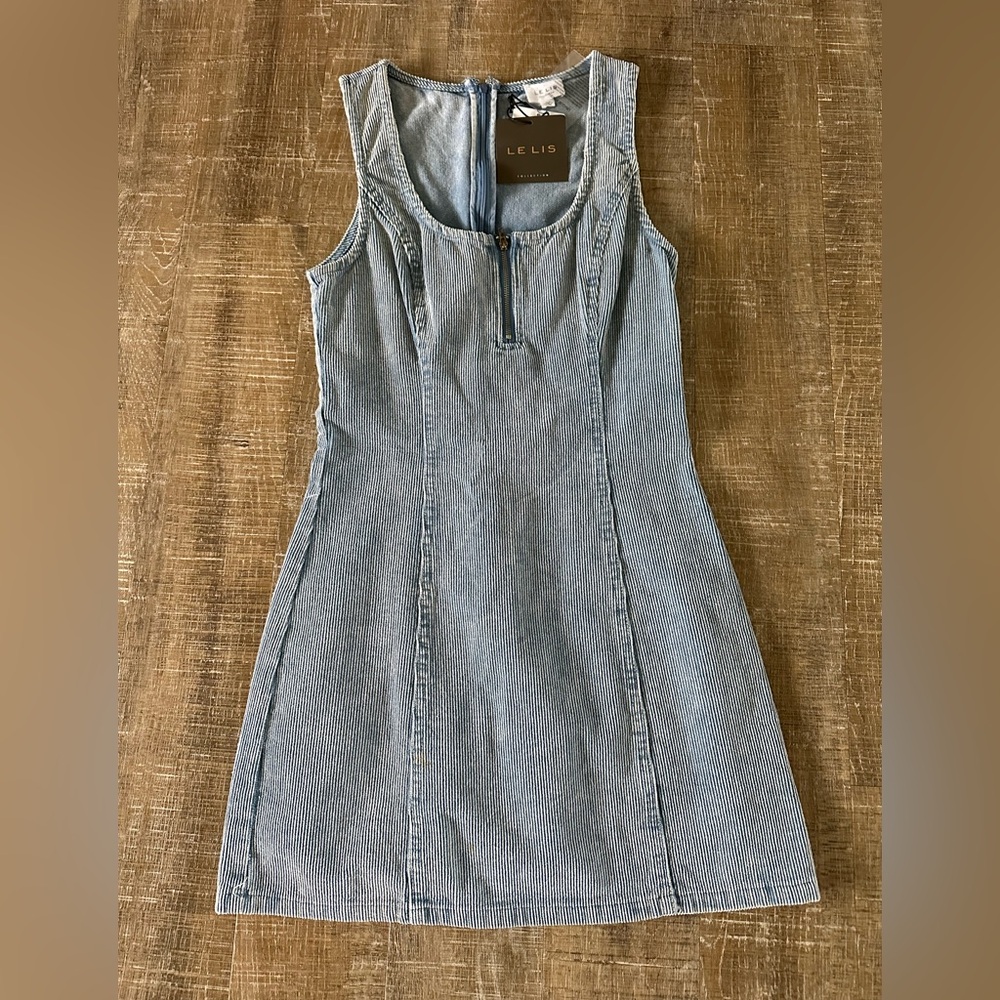 Le Lis Blue Pinstripe Tank Mini Dress with Front Zip